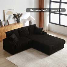 84" Corduroy Oversized 3-Seater Sofa With 2 Ottomans, Modular Sectional Deep Seat Sofa With Back And Toss Pillows, Modern Comfy Sofa With 2 Storage Spaces And Cup Grooves For Living Room