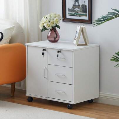 CLIPOP Mobile File Cabinet, Wooden Lockable 3 Drawer Lateral Filing Cabinet W/ 1 Closed Storage And Rolling Wheels, Home Office Printer Stand A4, Letter Sized Documents, Rustic Brown, 60 X 40 X 57 Cm