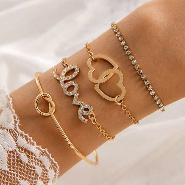 Set de 4 pulseras de moda con diseño de corazón creativo, minimalistas y personalizadas