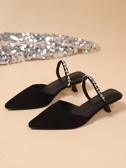 Sandali con tacco alto dalla punta affusolata, stile francese, con fibbia e strass, senza tallone, per donne taglia grande, adatti per l'estate