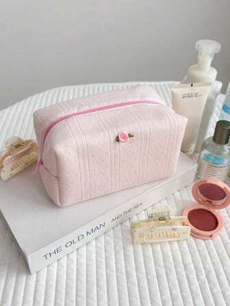 条纹图案蓬松柔软女士化妆包旅行拉链化妆包收纳袋可爱格子洗漱包格纹大容量化妆品收纳包旅行护肤品化妆收纳包带手柄多功能收纳包