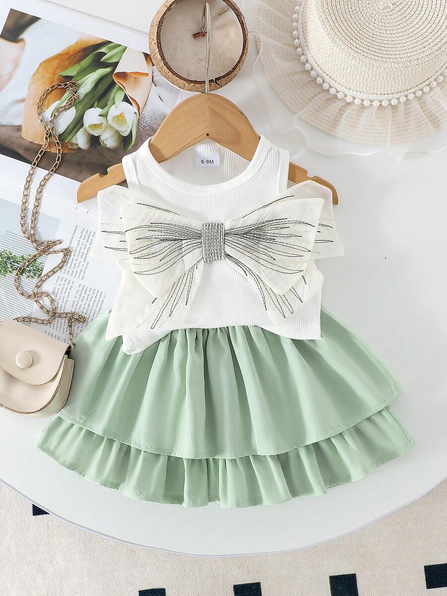Conjunto de 2 piezas de top elegante blanco con decoración de lazo + falda negra tipo pastel para niña, ligero para verano - Verde - Ver 1