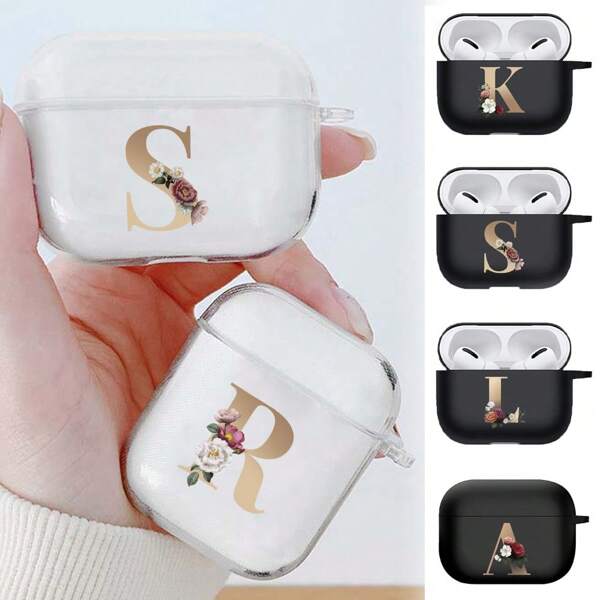 Letter Earphone Case Compatible With Airpods (1st / 2nd / 3/4rd Generation) / Airpods Pro /Pro 2 Printed Gold Letters Soft Silicone Wireless BT Headphones Charging Box Protective Cover