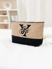 Black Khaki Patchwork Tote Bag Set, Black Vines Wrapped Around The Initial Letters A-Z, With The Same Series Of Color Block Makeup Storage Bag, Toiletry Bag, Wallet, Personalized Gift Bag, Fashionable Personalized Tote Bag - Khaki - View 64