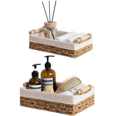 1 pieza/2 piezas Conjunto de cestas de ratán y jacinto de agua, cesta de almacenamiento rústica para el baño con forro, cesta portarrollos de papel higiénico con asa de madera, organizador decorativo para el hogar
