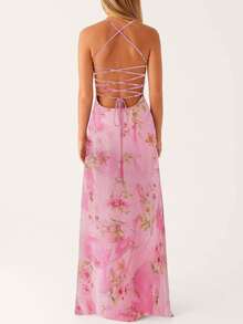 Floral Maxi Dress For Women Sexy Spaghetti Strap Sleeveless Long Cut Out Dress Bodycon Backless Boho Beach Dresses Purple - 粉色 - 查看 3