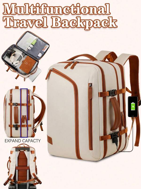 Mochila casual multifuncional de lona cáqui para homens e mulheres, sem estampas, sem lavagem, alças duplas, grande capacidade, para viagem e uso ao ar livre