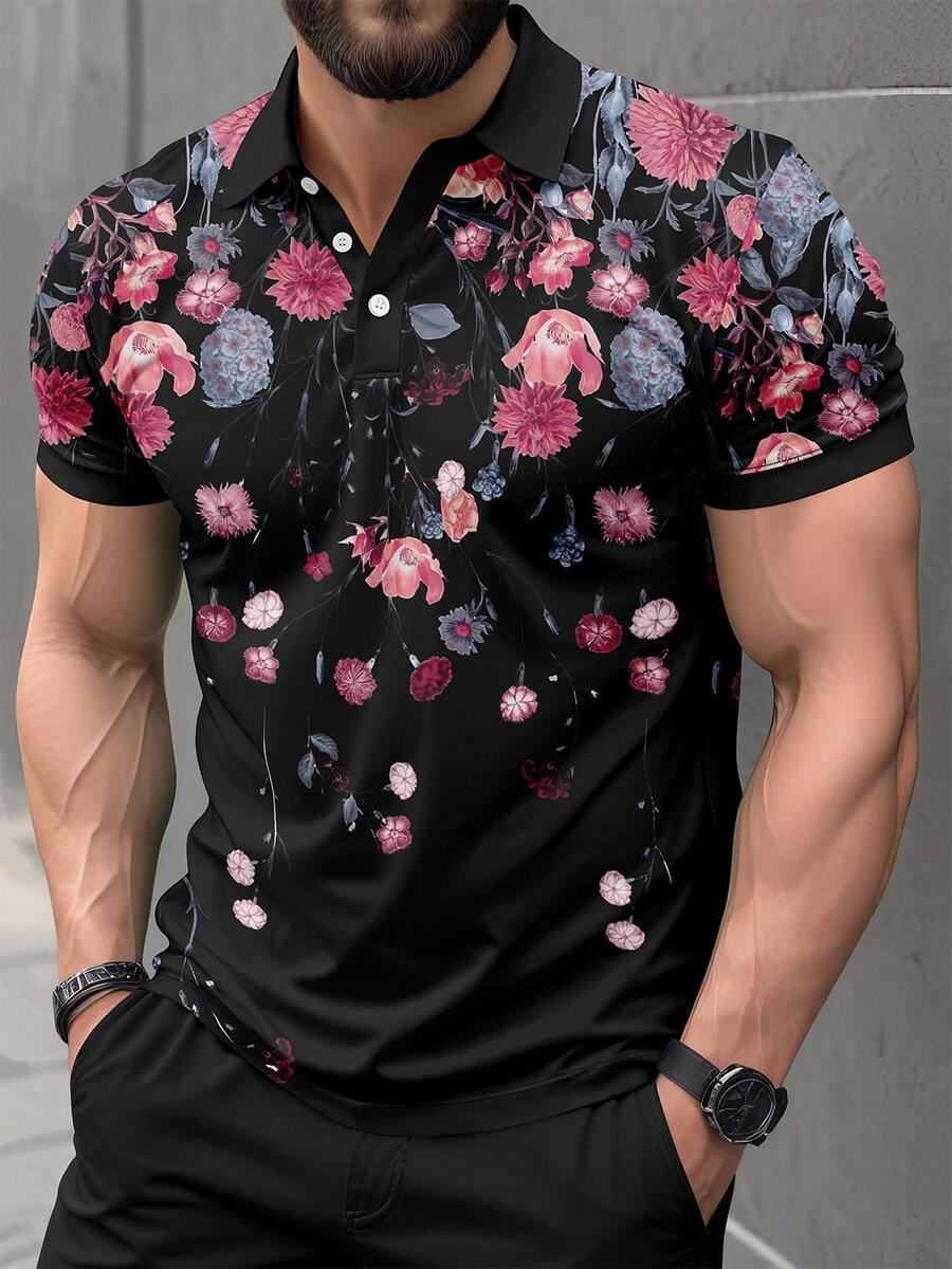 Men's Retro Floral Print Business Short Sleeve Polo Shirt - Black - View 1