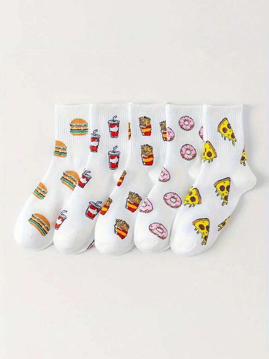 5 Pairs Unisex Hamburger & Fruit/Vegetable Pattern Socks, Suitable For All Seasons As Couples Socks - Multicolor - View 1