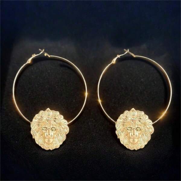 Golden Round Lion Head Pendant Earrings