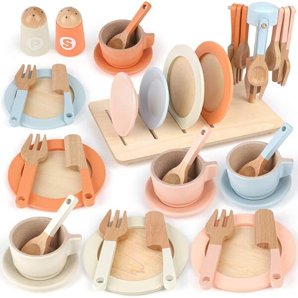 Dreamon Accesorios de cocina infantiles, juego de té para niños, de madera, vajilla para muñecas de 27 piezas, cocina infantil, casita de juegos, accesorios de cocina para niños (rosa)