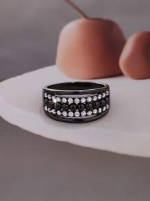 1pc Luxury Elegant Sparkling Wide Double Row Round White Zirconia Stone Ring, Suitable For Women As Gift For Valentine's Day, Date, Proposal, Wedding, Anniversary, Casual Daily Decoration