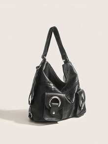 Commute Large Capacity Backpack, Korean Minimalist Chic Versatile Zipper Pocket PU Leather Tote Shoulder Bag - Black - View 6