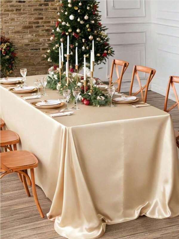 1pc Elegant Champagne Color Tablecloth, Rectangular Wedding Decoration Tablecloth, Washable And Reusable, High-Quality Polyester Satin Texture, Suitable For Weddings, Birthdays, Restaurants, Family Gatherings, Outdoor Parties As Table Cover, Decor And Party Tablecloth