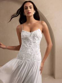 Robe camisole élégante en éponge élégante avec broderie florale 3D, robe de mariage, robe de mariage, robe de douche nuptiale blanche, robe de bal, robe de bal des finissants, tenues de printemps pour femmes, tenues d'été