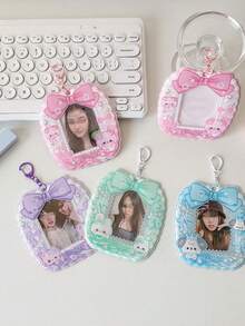 Transparent Student Campus Card Holder, Cartoon Girl Bow & Rabbit Design, 3 Inch Hollow Star Idol Mini Card Storage Display Pendant - Multicolor - View 3