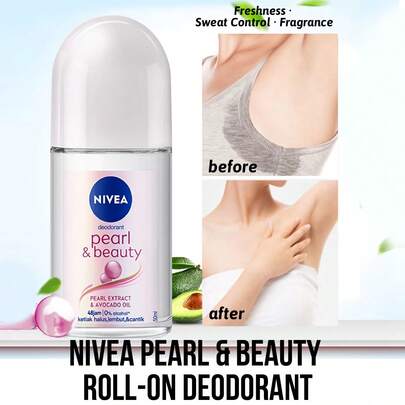 NIVEA 妮维雅珍珠美肌走珠止汗露，有效控制异味，清新怡人香氛，360°滚珠设计，速干温和，有效控汗长达48小时，适合所有肤质，包括敏感肌肤，是日常使用和户外活动的理想之选。