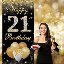 1 pièce Décorations pour les 16e, 18e et 21e anniversaires - Décorations de fête noires et dorées avec bannière de porte, panneau de pelouse et toile de fond pour photo - Fournitures de fête d'anniversaire de 18 ans pour les adolescents