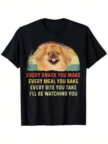 Camiseta de manga corta con cuello redondo de algodón negro de 180 g para mujer, lindo gráfico de perro, eslogan divertido "Every Snack You Make, Every Meal You Bake, Every Bite You Take, I'll Be Watching You", camiseta divertida para amantes de las mascotas, top informal y cómodo, camiseta gráfica moderna para entusiastas de los perros - Negro - Ver 1