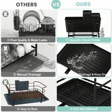 Rustproof Stainless Steel Dish Drying Rack, 2-Tier Large Dish Rack For Kitchen Countertops, Dish Rack With Drainer Plate, Dish Drainer With Utensil Holder And Cup Holder, Dish/Knife/Cup/Cutting Board, Black