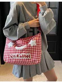Sanrio Borsa a tracolla Sanrio Hello Kitty a quadri, borsa a cartone animato da donna, borsa in tela con grande capacità, borsa a tracolla per studenti e pendolari, per forniture scolastiche, back to school