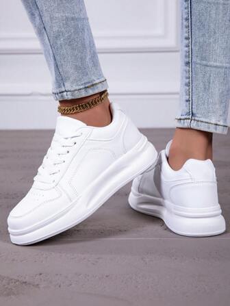 1 双女式户外休闲学院风撞色 PU 皮革系带运动鞋，适合婚礼、户外活动、所有季节