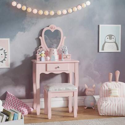 Jooli H Kids Dressing Table With Mirror And Stool, Children's Vanity Set With Flip Up Heart Mirror And 3 Drawers, Girls Makeup Desk For Age 3-9, Pink