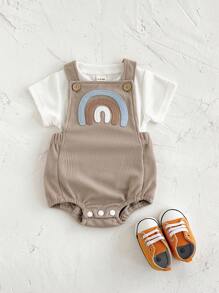 2pcs/Set Cute Rainbow Embroidered Short Sleeve T-Shirt + Bib Overall Romper Summer Outfit For Baby Boys