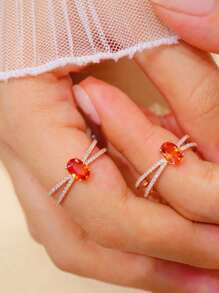 1pc S925 Sterling Silver Oval-Shaped Elegant Vintage Orange Zirconia Crossed Ring, Versatile Daily Wear, Gift For Women, Jewelry