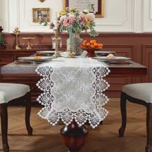 European Style Floral Lace Embroidered Polyester Table Runner - Woven Double Layer Shiny Satin Fabric, Festive Coffee Table Decor For Kitchen Dining, Indoor Outdoor Dinner Party Decoration, Ideal Gift