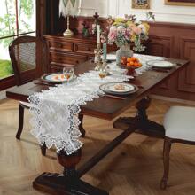 European Style Floral Lace Embroidered Polyester Table Runner - Woven Double Layer Shiny Satin Fabric, Festive Coffee Table Decor For Kitchen Dining, Indoor Outdoor Dinner Party Decoration, Ideal Gift