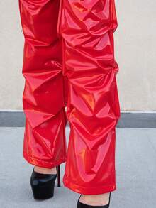 Carolina Barros Y2k紅色摺疊低腰修身pu長褲 - 紅色 - 查看 5