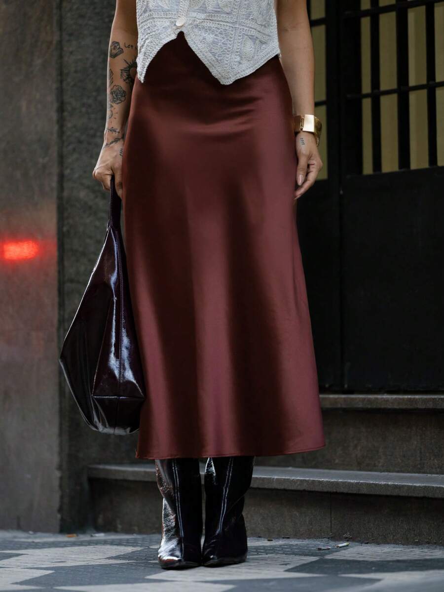 Satin Midi Skirt With Elastic - 摩卡棕 - 查看 1