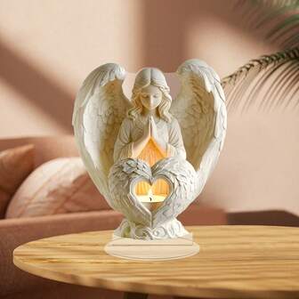 1 个优雅的白色天使与心形烛台 - 2D 平面亚克力装饰雕像，适用于家庭、办公室和节日装饰 - 非常适合节日和庆祝活动，配有天使装饰，母亲节、毕业季、婚礼季的首选