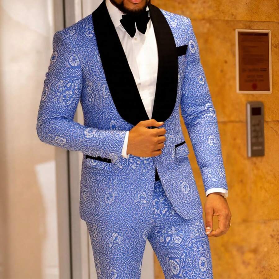 Traje de hombre de corte entallado de 3 piezas, esmoquin de un botón para boda, graduación, cena (chaqueta, chaleco y pantalones) - Azul - Ver 1
