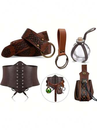 万圣节 5 件套 套装 紧身胸衣 文艺复兴腰带 中世纪文艺复兴腰带袋 软木药水瓶 节日配饰