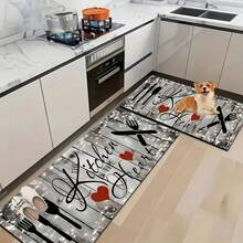 1pc Home Decor, Kitchen Mat With Cozy Tableware Pattern - Machine Washable, Easy To Clean Polyester Carpet, Dust-Proof, Suitable For High-Traffic Areas, Ideal Christmas Gift, Kitchen Floor Mat, Anti-Slip Diatomite Kitchen Rug - Grey - View 8