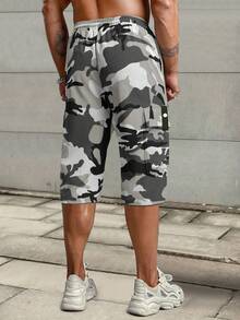 [Spring/Summer] Men's Cargo 3/4 Pants, Summer Drawstring Waist, Large Pockets, Letter Patch Design, Casual Sports Trousers - Khaki - View 3