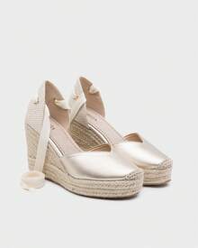 Women's High Wedge Jute Espadrilles – Elegant Summer Comfortable Espadrilles With Ribbons And Buckle - 金 - 查看 3