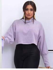Women's Long Sleeve Crop Top With High Neck In Fleece - Gris - Ver 2