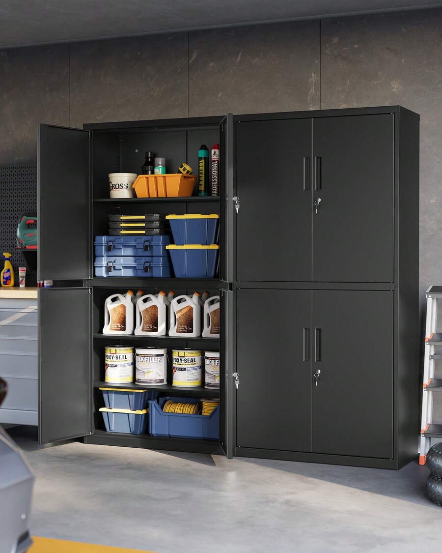 SONGMICS Armoire de Garage à 5 Étagères avec 4 Portes, Armoire de Bureau, 40 x 80 x 180 cm, 2 Serrures, Étagères Réglables, en Métal, Noir d'encre - Noir - Voir 1