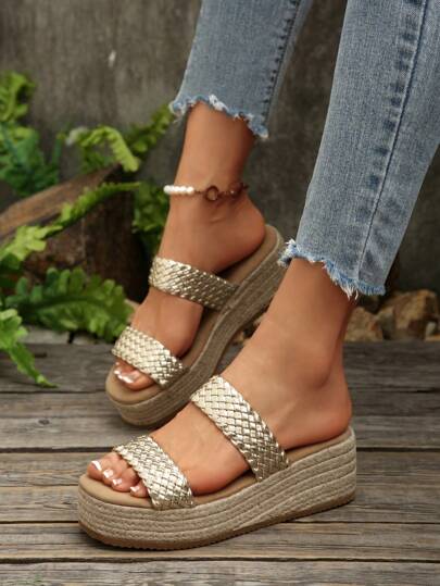 Fashion Woven Slide Sandals, Strap High Heel Roman Bohemian Summer Slip-On Slippers