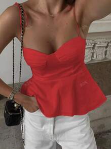 1 pezzo Canotta donna casual senza maniche con balze sul fondo, elegante canotta minimalista francese in colore bianco tinta unita, adatta per vacanze e quotidiano, con spalline e incrocio sulla schiena, stile sexy Y2K, adatta per primavera, estate, autunno