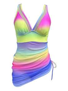 Womens Swimdress V Neck U Ring Sleeveless Bathing Suit Drawstring Mesh Sheer Swimwear - Nhiều màu - Xem 7
