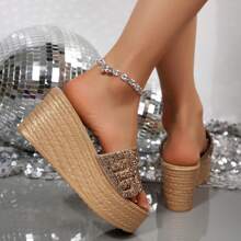 Damen Schlupfschuhe mit Schleifen-Dekor und dicker Sohle, bequeme Keilsandalen mit offenem Zehenbereich, für Freizeitaktivitäten Outdoor