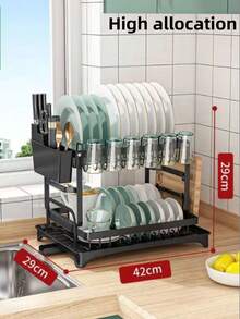 1 Pc 2 Tier Iron Detachable Dish Drying Rack, Large Capacity Kitchen Counter Storage Rack, Waterproof Anti-Rust Multi-Function Double-Layer Dish Dry Rack,Dish Drying Rack Dish Racks For Kitchen Counter Metal Dish Drainers With Knife Cup Utensil Holder,Countertop Dish Storage Drainage Rack Expandable Kitchen Sink Shelf Dish Rack Drainer Black Kitchen Organizer