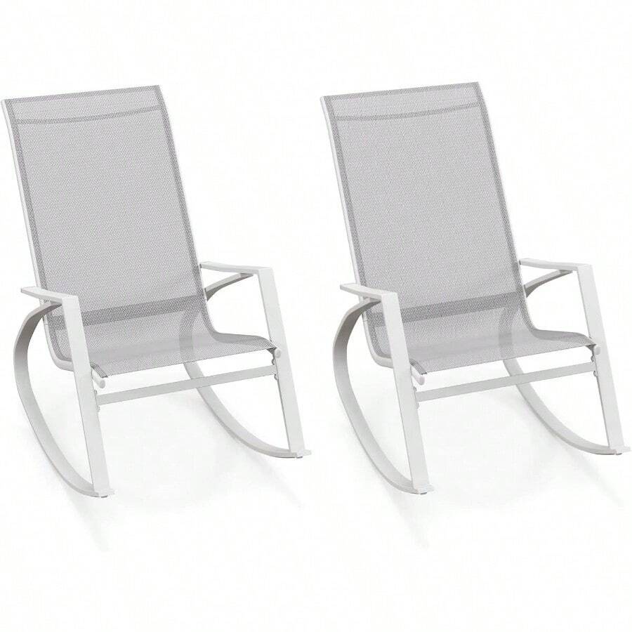 2PCS Garden Rocking Chairs, Ergonomic Outdoor Fabric Rocking Armchairs Lounge Chairs With High Backrest, Metal Frame Patio Rocking Seat Porch Rocker For Backyard, Balcony, Deck - Grey - View 1