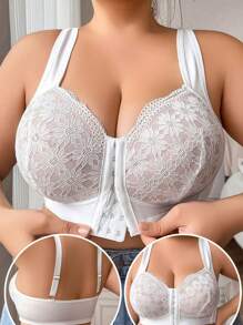 Frontfessverschluss Spitzenbesatz Große Größen Damen Lingerie BH, weicher & bequemer drahtloser Lingerie BH