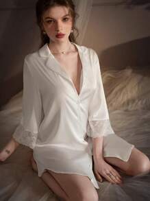 Sexy Underwear Spring And Summer Thin Boyfriend Wind Lace Pajamas Ice Silk Long Sleeve Comfortable Shirt Nightdress Suit Ladies' Home Clothes Sexy Lingerie Set