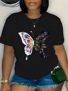 Camiseta negra Empowering para mujer: "Le susurraron que no puedes soportar la tormenta", estampado inspirador de mariposas multicolores, camiseta gráfica de manga corta con cuello redondo de algodón de 180 g, comodidad y estilo, top informal de verano - Negro - Ver 1